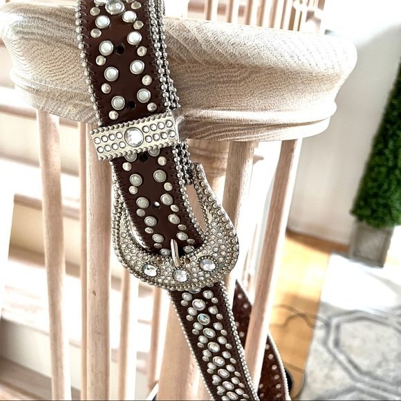 Studded and Jeweled  Brown Leather Belt M/L main image 12